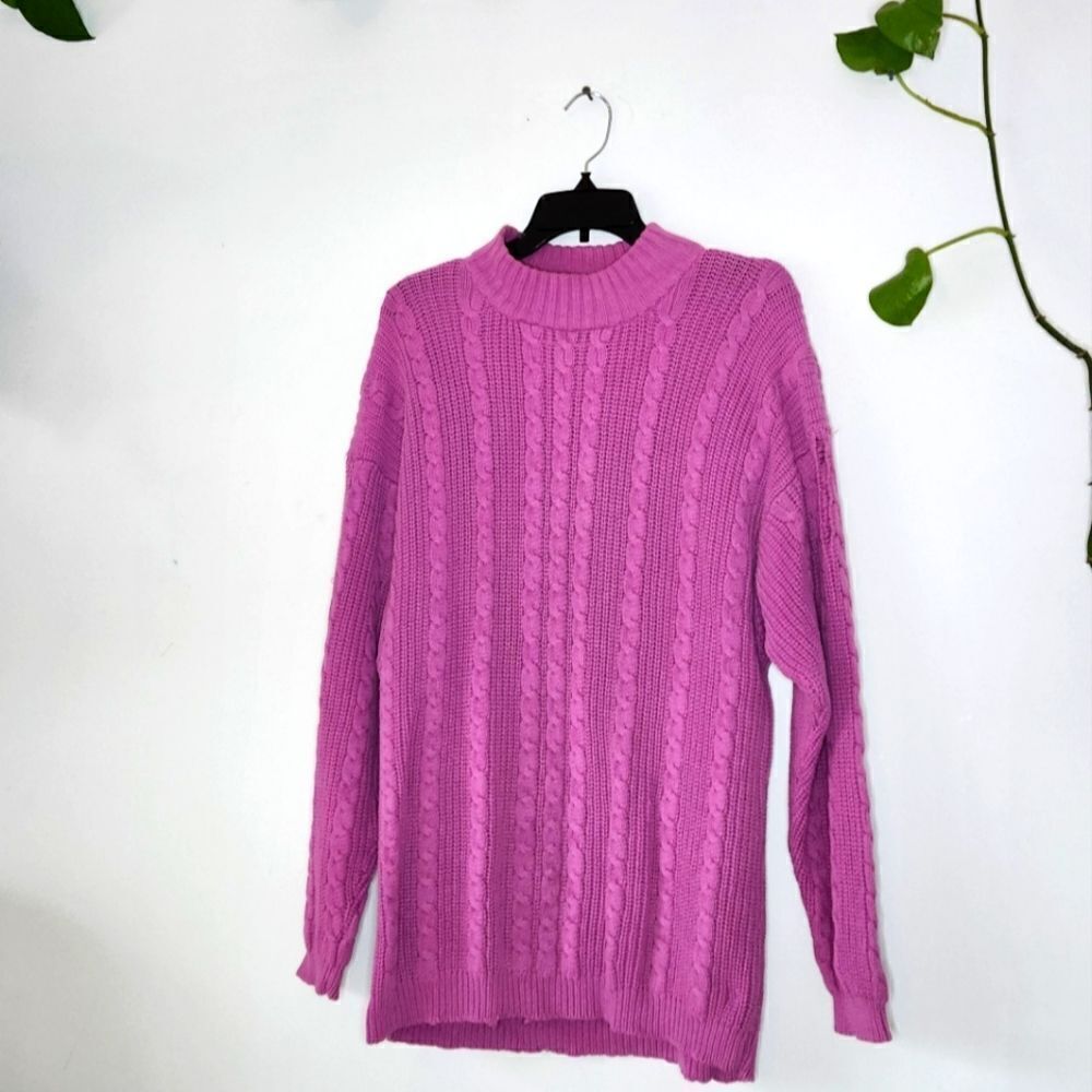 90s Purple Plum Cableknit Vintage  Sweater Pastel Cowl Neck Thick Med Oversized
